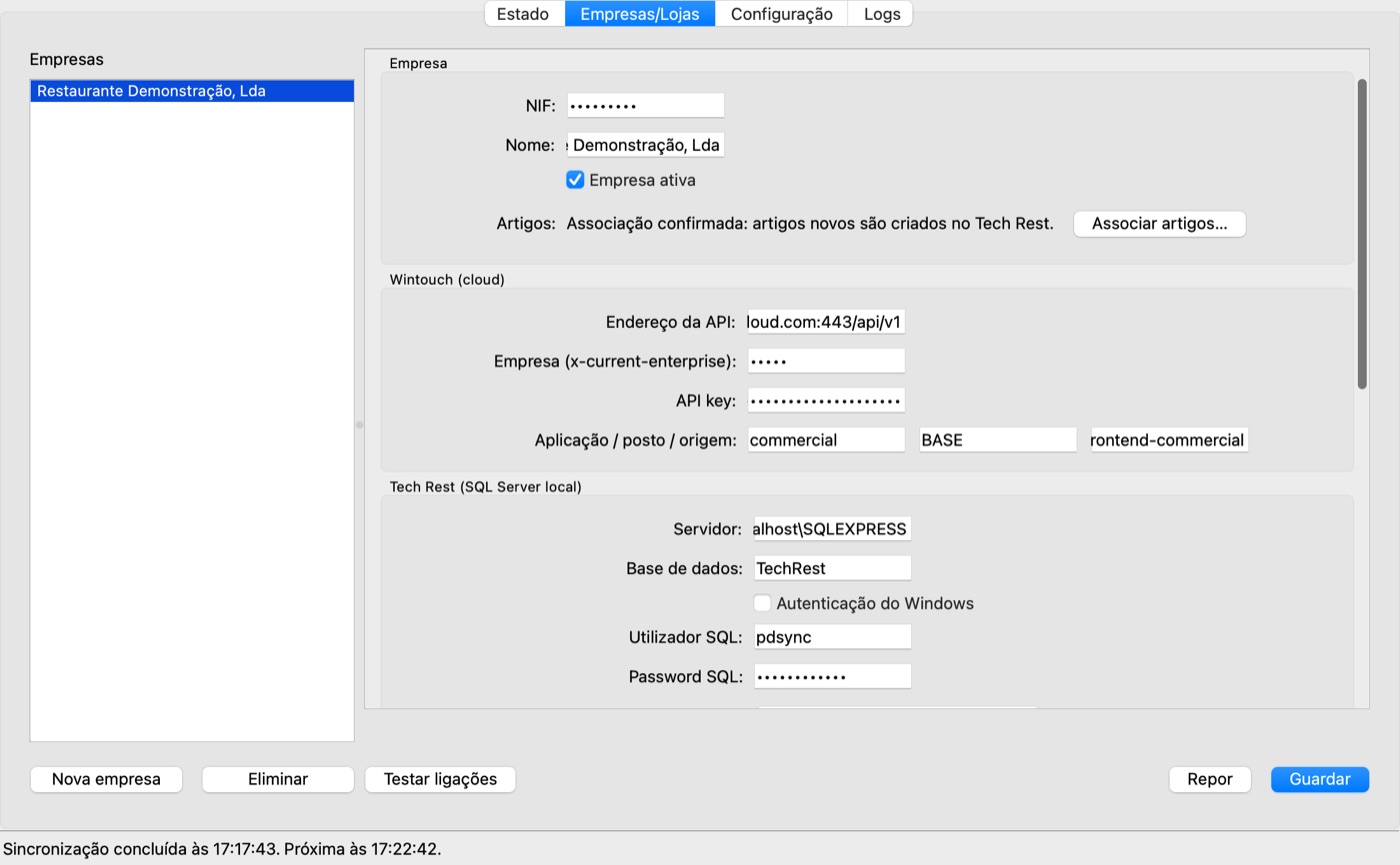 Separador Empresas/Lojas com os blocos Empresa, Wintouch e Tech Rest